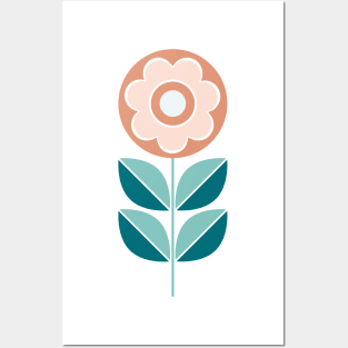 Retro Geometric Flower 5 in Peach, Dark Salmon and Teal Posters and Art